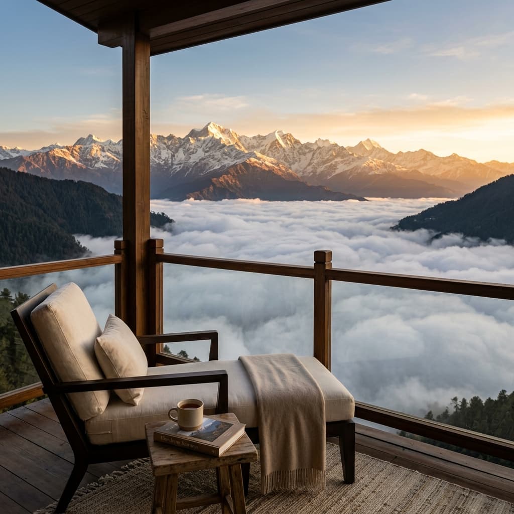 Luxury balcony overlooking a sea of clouds in the Himalayas at sunrise