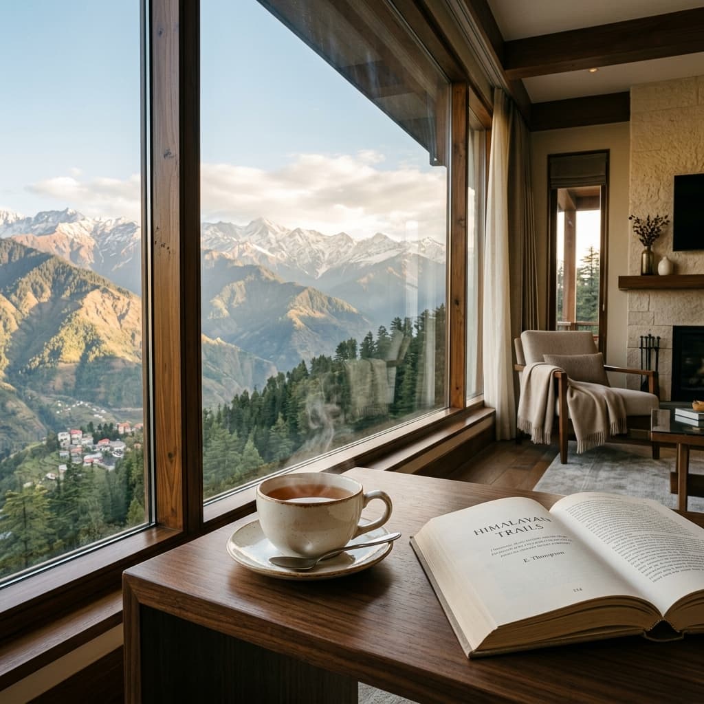 Minimalist luxury morning tea setting by a large window with sweeping Himalayan mountain views